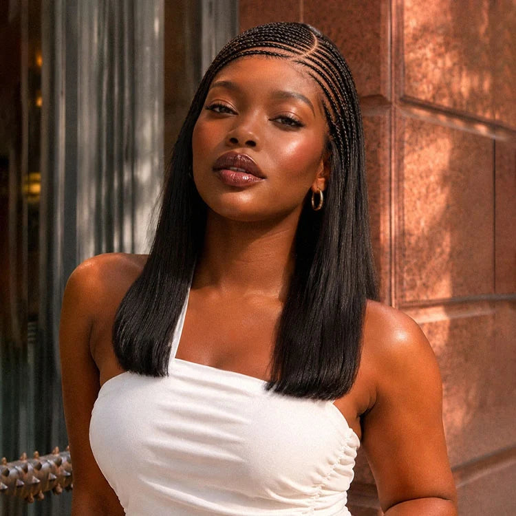 Flexi Fit Invisi Drawstring Cap Side-Parted Fulani Braids Straight 13x4 Frontal Lace 14 Inches Bob Wig Pre-cut Lace
