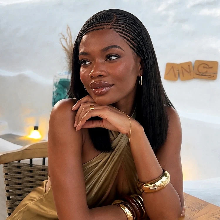 Flexi Fit Invisi Drawstring Cap Side-Parted Fulani Braids Straight 13x4 Frontal Lace 14 Inches Bob Wig Pre-cut Lace