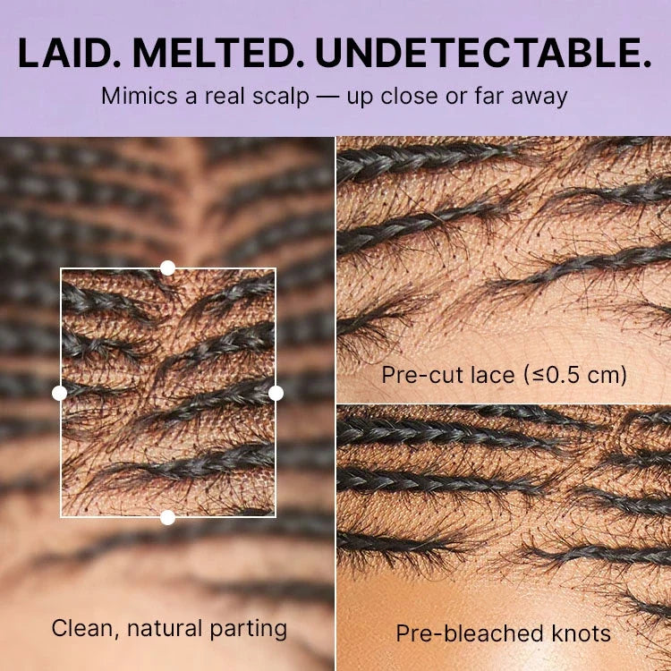 Flexi Fit Invisi Drawstring Cap Side-Parted Fulani Braids Straight 13x4 Frontal Lace 14 Inches Bob Wig Pre-cut Lace