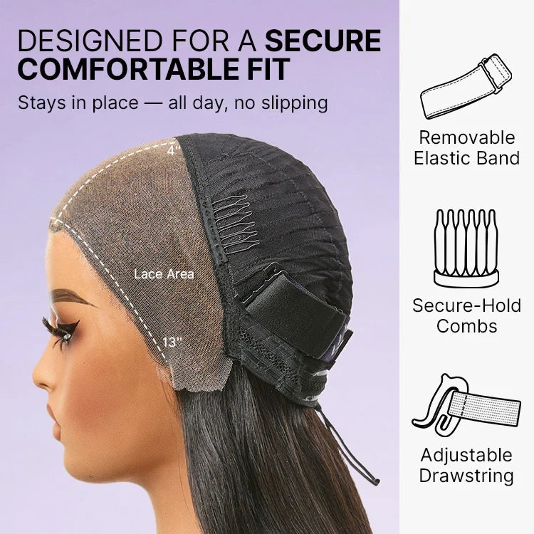 Flexi Fit Invisi Drawstring Cap Side-Parted Fulani Braids Straight 13x4 Frontal Lace 14 Inches Bob Wig Pre-cut Lace