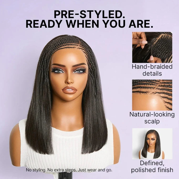 Flexi Fit Invisi Drawstring Cap Side-Parted Fulani Braids Straight 13x4 Frontal Lace 14 Inches Bob Wig Pre-cut Lace