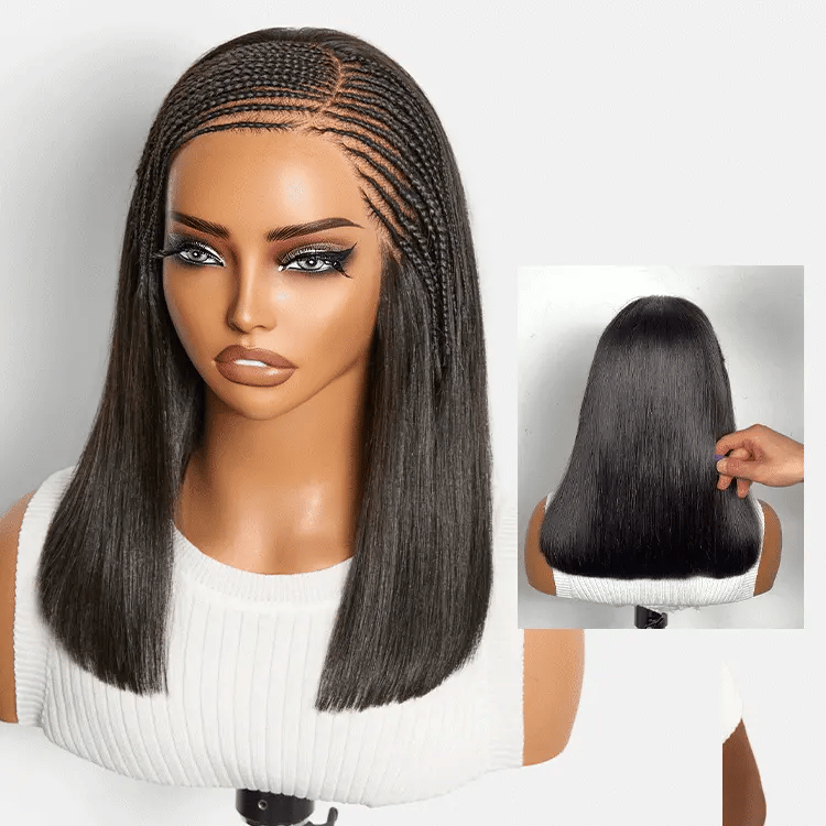 Flexi Fit Invisi Drawstring Cap Side-Parted Fulani Braids Straight 13x4 Frontal Lace 14 Inches Bob Wig Pre-cut Lace