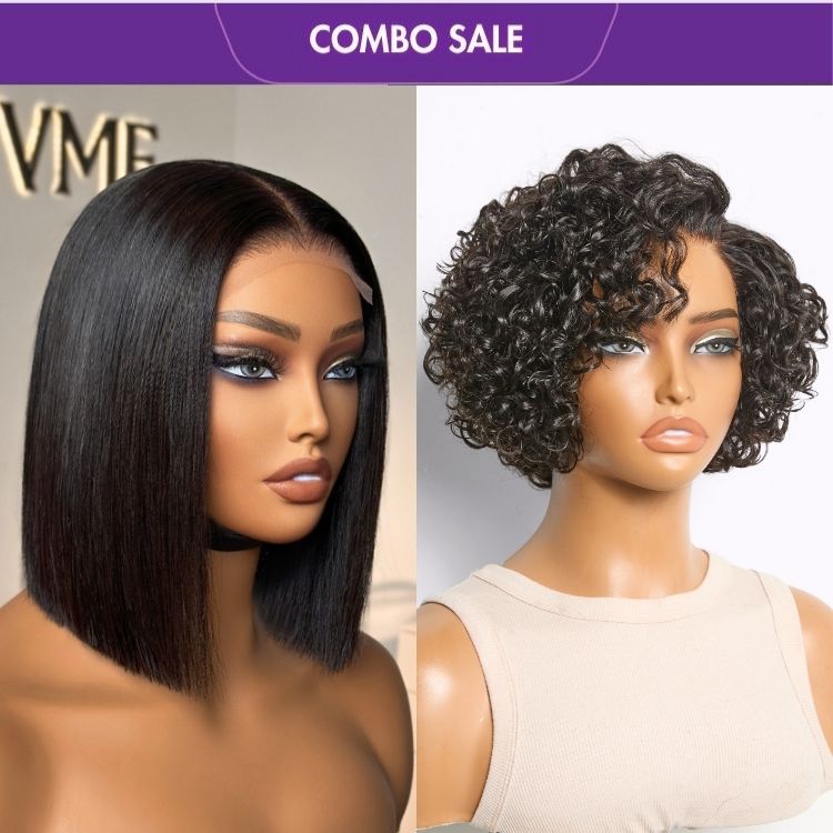 2 For 1 | Natural Black / Brown Highlight Water Wave Pixie Cut Glueless Minimalist HD Lace Short Curly Wig+Blunt Cut Bob 4x4 Closure Lace 08 inches Wig