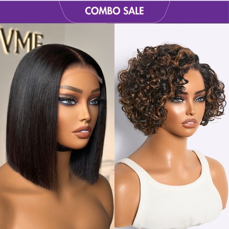 2 For 1 | Natural Black / Brown Highlight Water Wave Pixie Cut Glueless Minimalist HD Lace Short Curly Wig+Blunt Cut Bob 4x4 Closure Lace 08 inches Wig