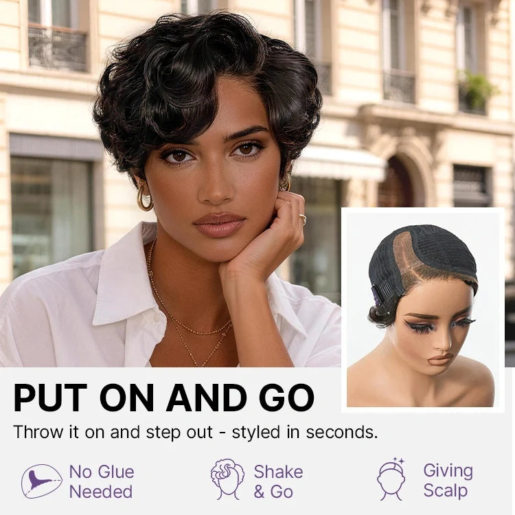 Beginner Friendly Natural Black Lightweight Roll Curl Glueless Minimalist HD Lace Short Pixie Cut Wig Pre Cut Lace