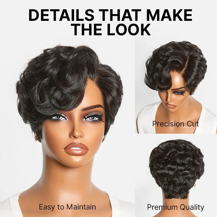 Beginner Friendly Natural Black Lightweight Roll Curl Glueless Minimalist HD Lace Short Pixie Cut Wig Pre Cut Lace