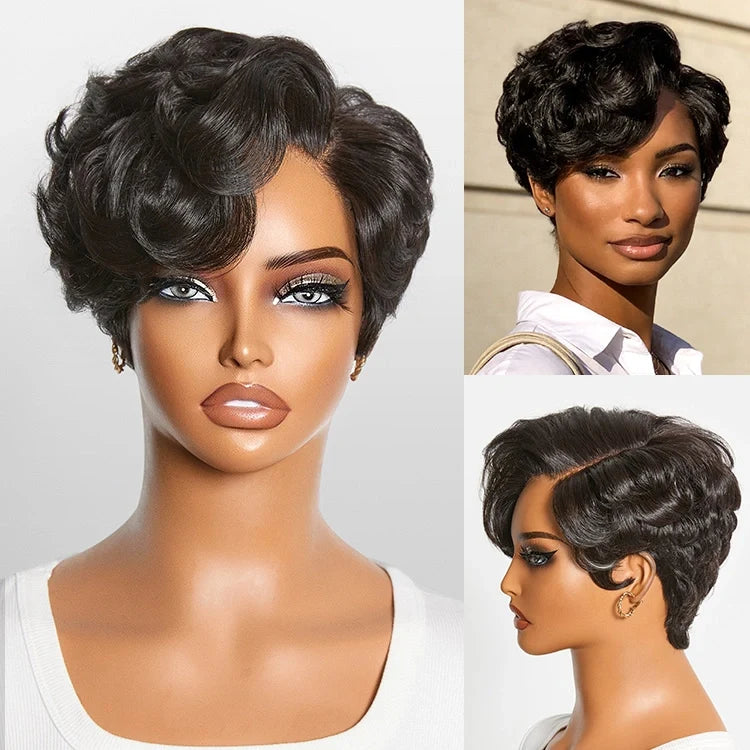 Beginner Friendly Natural Black Lightweight Roll Curl Glueless Minimalist HD Lace Short Pixie Cut Wig Pre Cut Lace