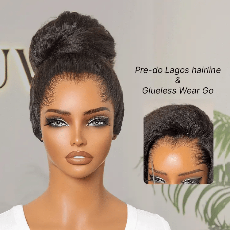Pre-do Lagos Hairline Flexi Fit Invisi Drawstring Cap 200% Density Kinky Straight Glueless 13x4 Frontal Lace Wig Pre-Cut Lace