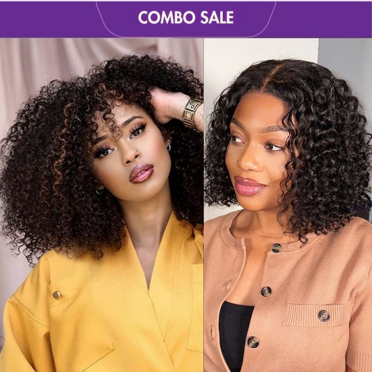 2 For 1 | Full & Highlight Curly Minimalist Lace Wig With Bangs+Deep Curly Glueless 5x5 Closure Lace Wig