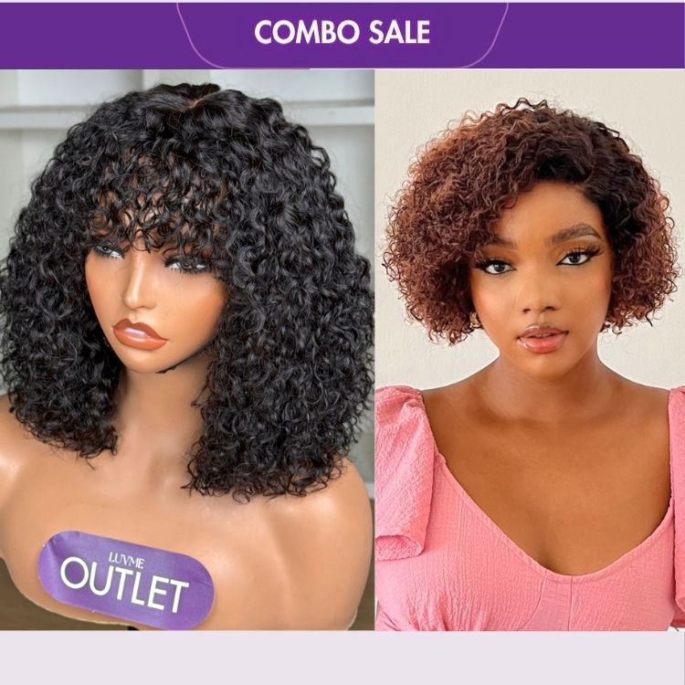 2 For 1 | Water Wave Minimalist Lace Glueless Wig with Curly Bangs+Ombre Brown Fluffy Kinky Curl Glueless Minimalist HD Lace Wig