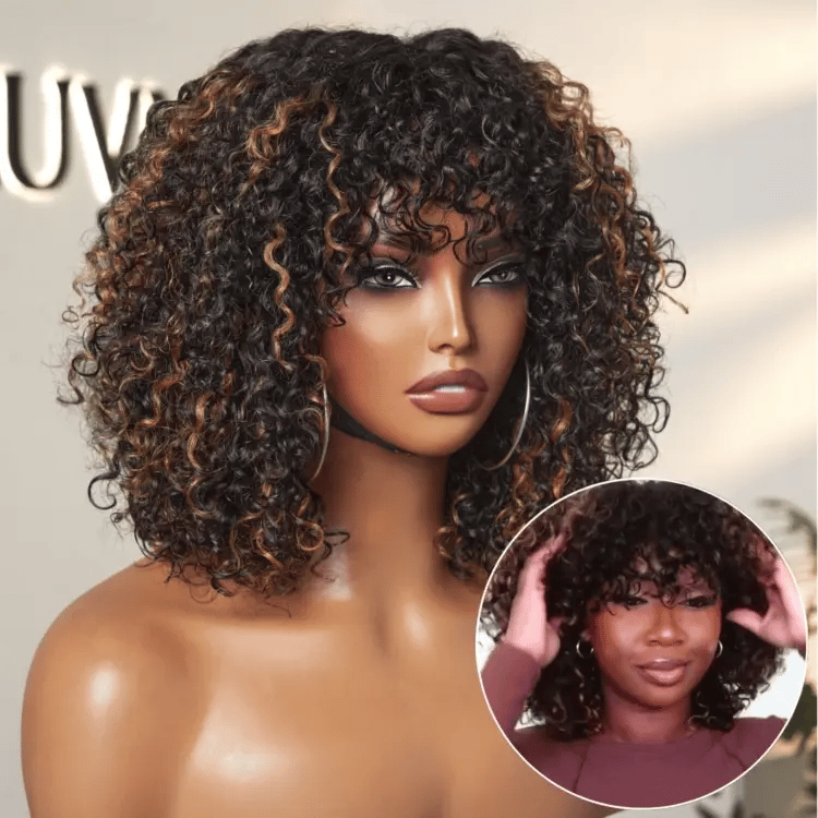 Worth | Water Wave Brown Highlight Glueless Short Curly Wig with Bangs