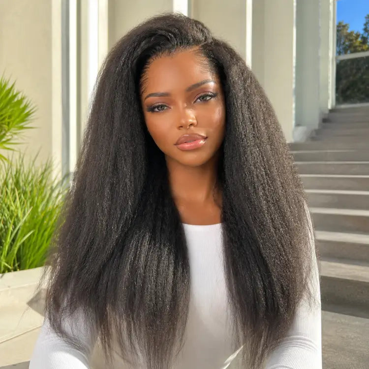 Pre-do Lagos Hairline Flexi Fit Invisi Drawstring Cap 200% Density Kinky Straight Glueless 13x4 Frontal Lace Wig Pre-Cut Lace