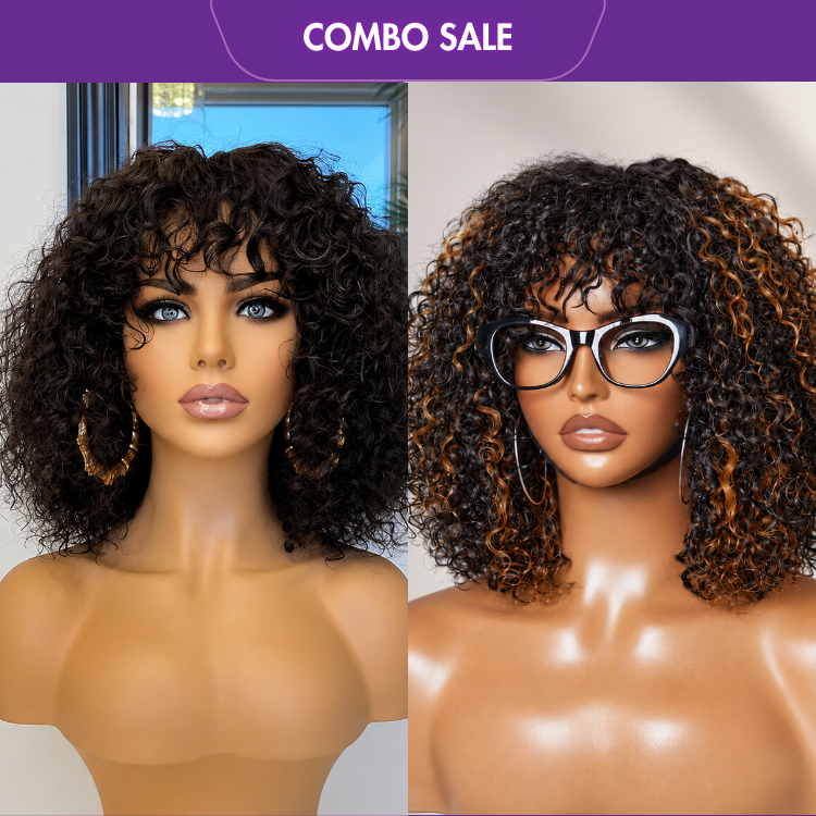 2 For 1 | Water Wave Glueless+ Throw On & Go Short Curly with Bangs Wig