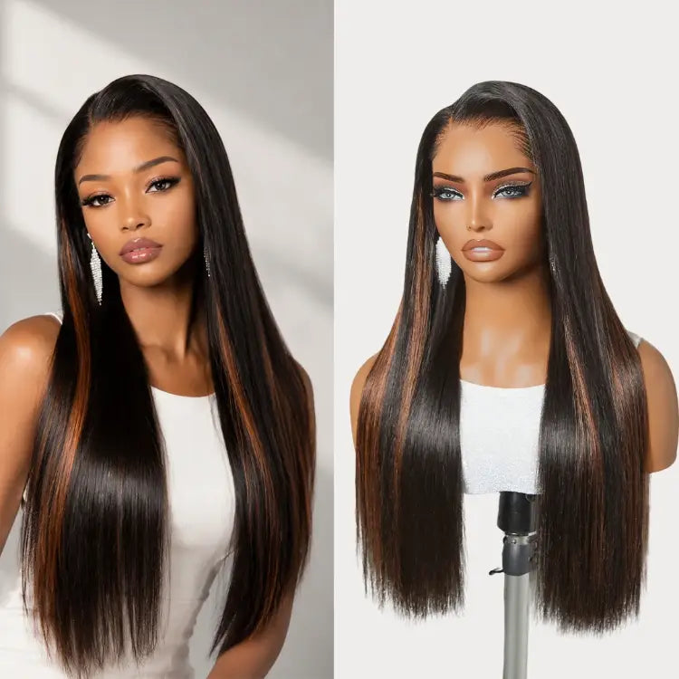 Pre-do Lagos Hairline Flexi Fit Invisi Drawstring Cap Copper Ombre Highlights Silky Straight Glueless 13x4 Frontal HD Lace Wig Pre-Cut Lace