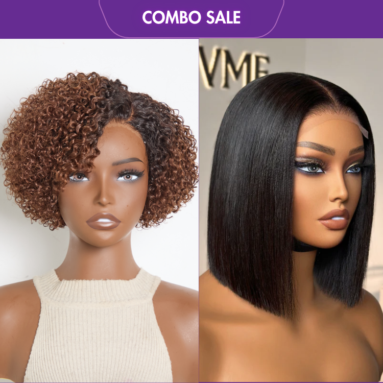 2 For 1 |  Ombre Brown Curly Minimalist HD Lace Wig+4x4 Lace Blunt Cut Bob Wig