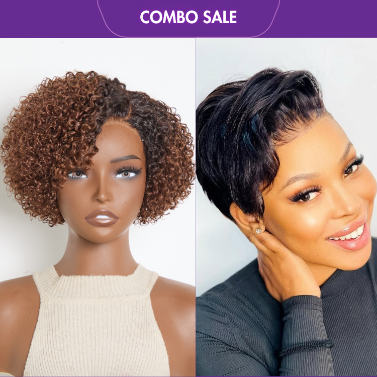2 For 1 |  Ombre Brown Curly Minimalist HD Lace Wig+Pixie Cut Glueless HD Lace Wig