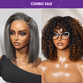 2 For 1 | Salt and Pepper HD Lace Bob+ Throw On & Go Short Curly with Bangs Wig
