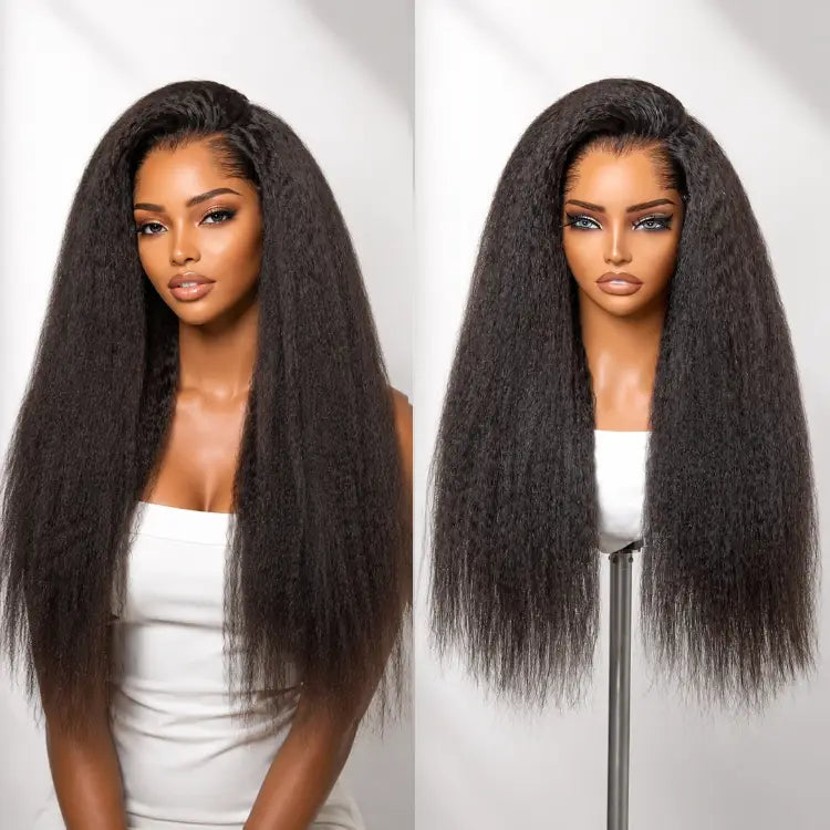 Pre-do Lagos Hairline Flexi Fit Invisi Drawstring Cap 200% Density Kinky Straight Glueless 13x4 Frontal Lace Wig Pre-Cut Lace