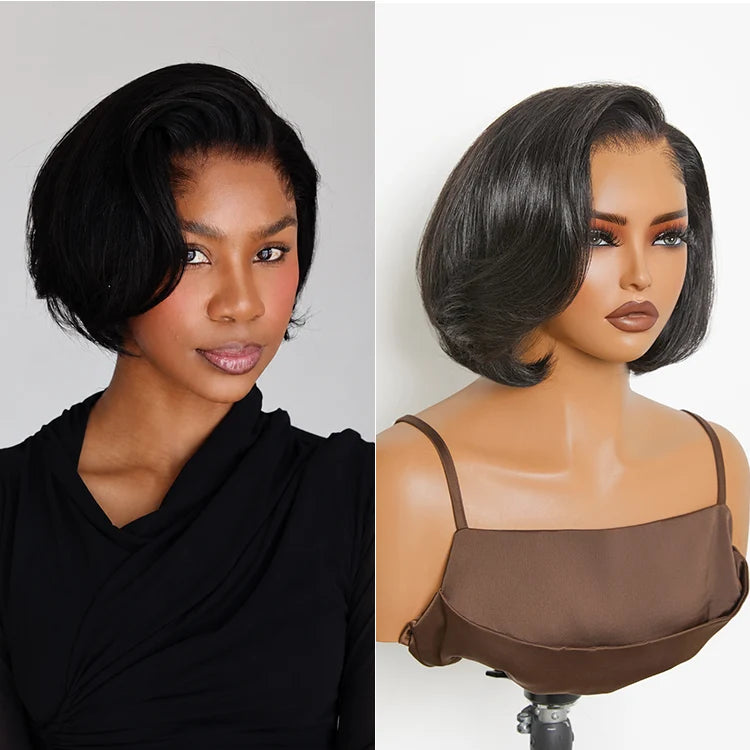 [pedibae]'s Special Link Pre-do Lagos Hairline Flexi Fit Invisi Drawstring Cap 180% Density Natural Black Pixie Cut Bob Glueless 13x4 Frontal HD Lace Wig 08 Inches