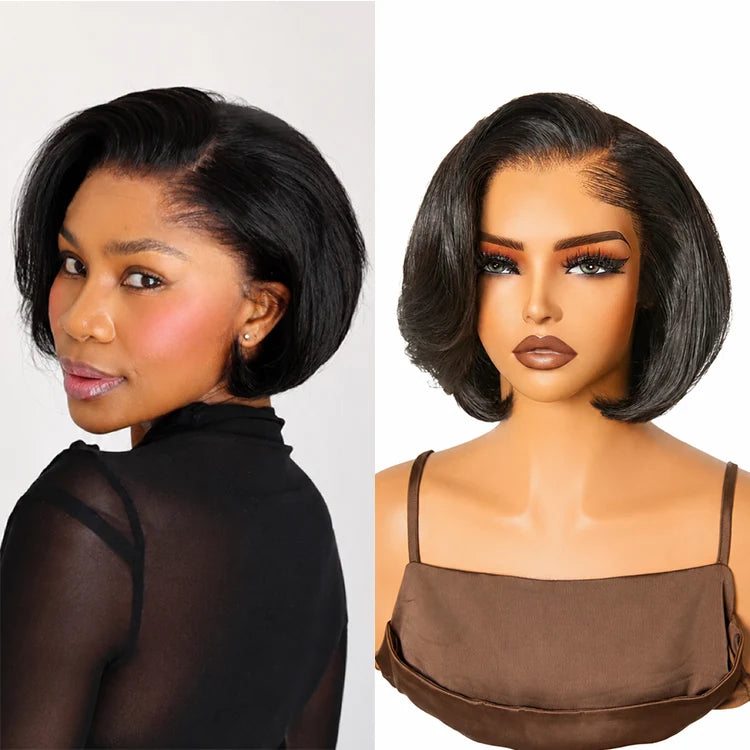 [hermosa.mp3]'s Special Link Pre-do Lagos Hairline Flexi Fit Invisi Drawstring Cap 180% Density Natural Black Pixie Cut Bob Glueless 13x4 Frontal HD Lace Wig 08 Inches