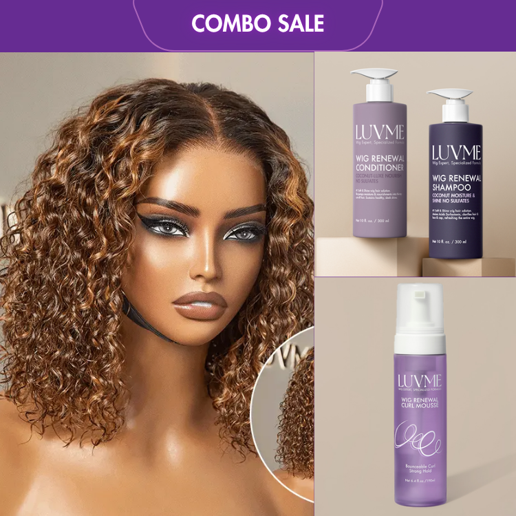 2 For 1 | Ombre Brown Highlight Deep Curly 5x5 Closure Lace Wig+Wig Renewal Shampoo & Conditioner Set+Wig Curl Mousse