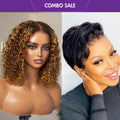 2 For 1 | Ombre Brown Highlight Deep Curly 5x5 Closure Lace Wig+ReadytoGo Super Hot Pixie Cut Glueless HD Lace Wig