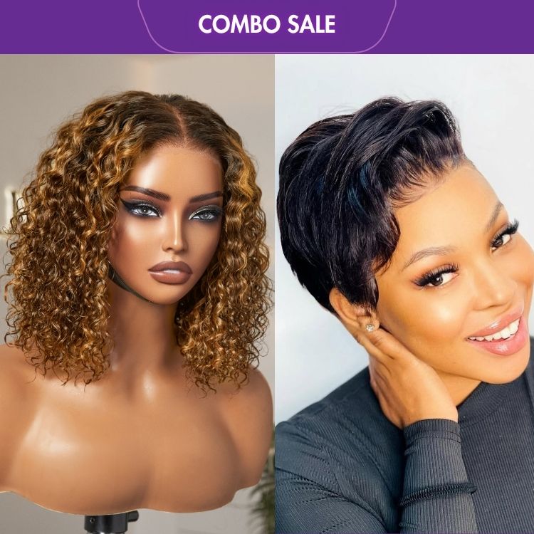 2 For 1 | Ombre Brown Highlight Deep Curly 5x5 Closure Lace Wig+ReadytoGo Super Hot Pixie Cut Glueless HD Lace Wig