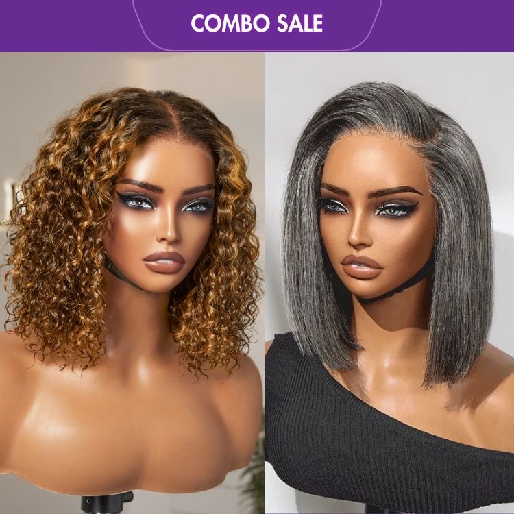 2 For 1 | Ombre Brown Highlight Deep Curly 5x5 Closure Lace Wig+Salt and Pepper Glueless Minimalist HD Lace Bob Wig