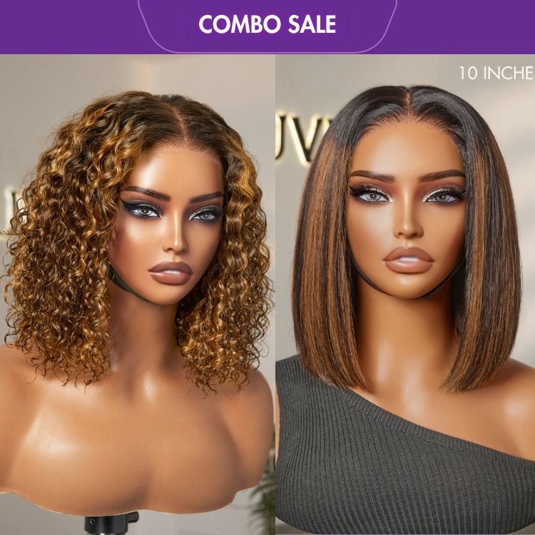 2 For 1 | Ombre Brown Highlight Deep Curly 5x5 Closure Lace Wig+Brown Highlight Silky Blunt Cut Bob 4*4 Glueless Lace Wig