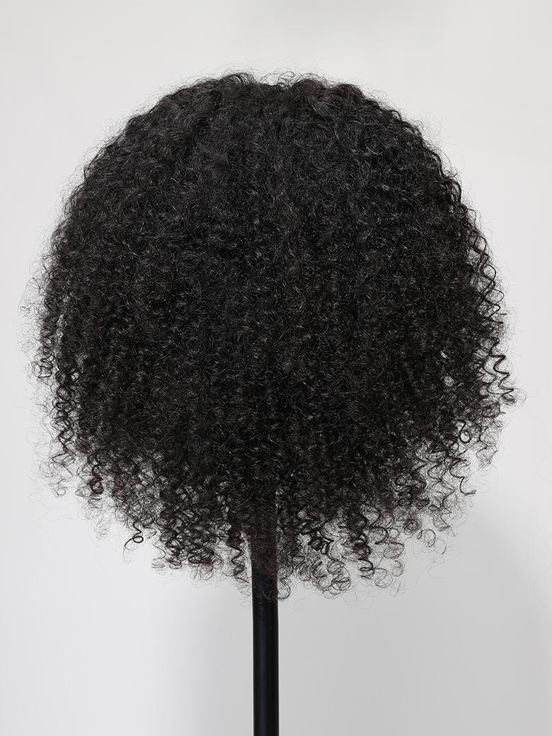 The UNice 13x4 Lace Front Fluffy Kinky Curly Afro Natural Black Human Hair Wig product image shows a black wig on a black stand and kinky curly texture, curly texture.