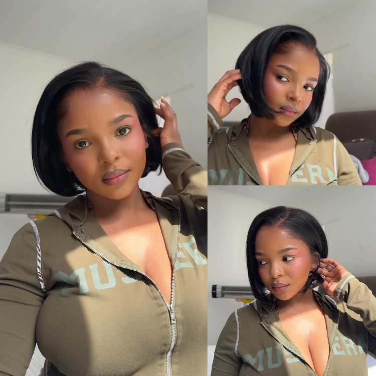 [hermosa.mp3]'s Special Link Pre-do Lagos Hairline Flexi Fit Invisi Drawstring Cap 180% Density Natural Black Pixie Cut Bob Glueless 13x4 Frontal HD Lace Wig 08 Inches