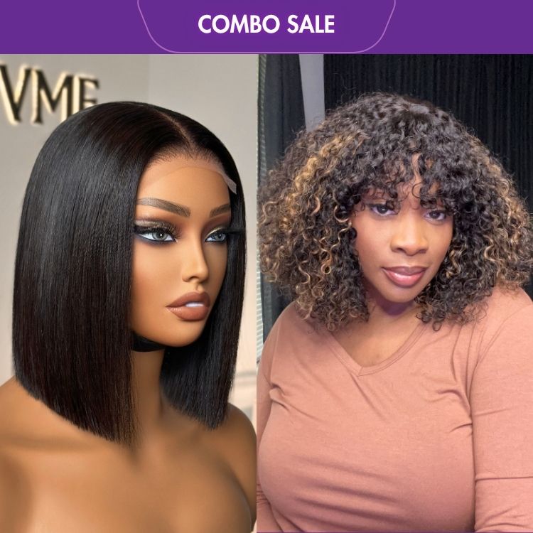 2 For 1 | Throw On & Go Short Cut with Bangs Wig+ReadytoGo 4x4 Lace Blunt Cut Bob Wig Bone Straight