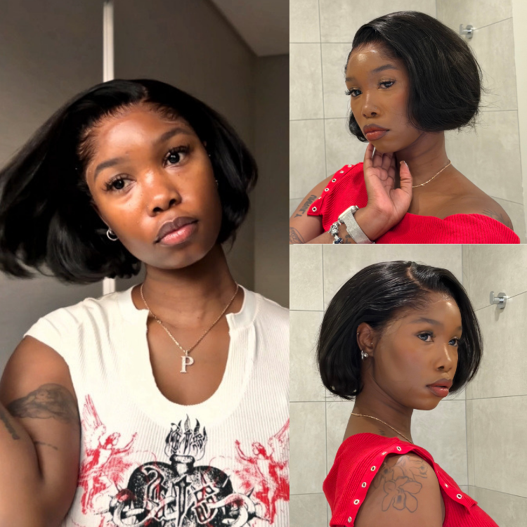 [phozieque]'s Special Link Pre-do Lagos Hairline Flexi Fit Invisi Drawstring Cap 180% Density Natural Black Pixie Cut Bob Glueless 13x4 Frontal HD Lace Wig 08 Inches