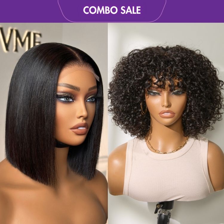 2 For 1 | ReadytoGo 4x4 Lace Blunt Cut Bob Wig Bone Straight + Natural Color Water Wave Minimalist Lace Glueless Curly Wig