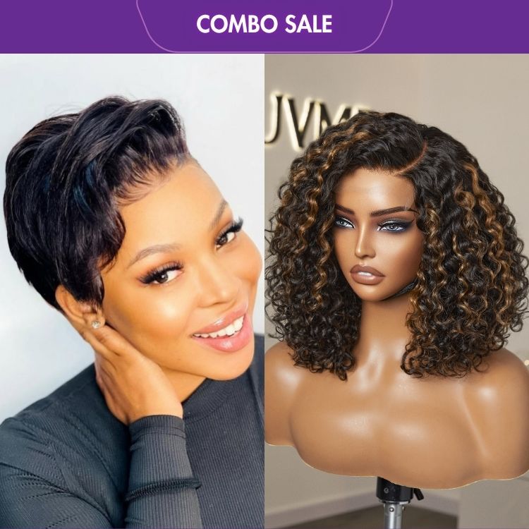 2 For 1 | Casual Blonde Highlights Curly Glueless HD Lace Short Wig+Super Hot Pixie Cut Glueless HD Lace Wig