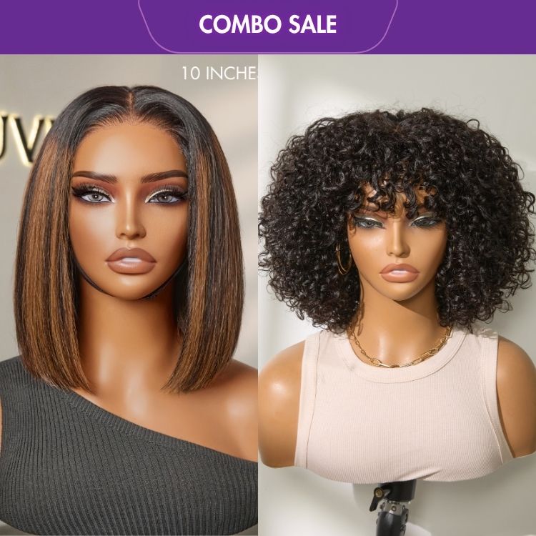 2 For 1 | Brown Highlight Silky Blunt Cut Bob 4*4 Glueless Lace Wig + Natural Color Water Wave Minimalist Lace Glueless Curly Wig