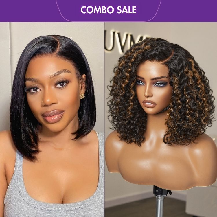2 For 1 | Casual Blonde Highlights Curly Glueless HD Lace Short Wig+Super Natural Hairline Silky Blunt Cut Bob Glueless 13x4 Frontal Lace Human Hair Short Wig