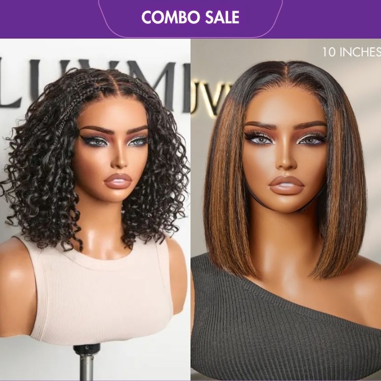 2 For 1 | Boho Braids Deep Curly 5x5 Closure Curly Wig+ Brown Highlight Silky Blunt Cut Bob 4*4 Glueless Lace Wig