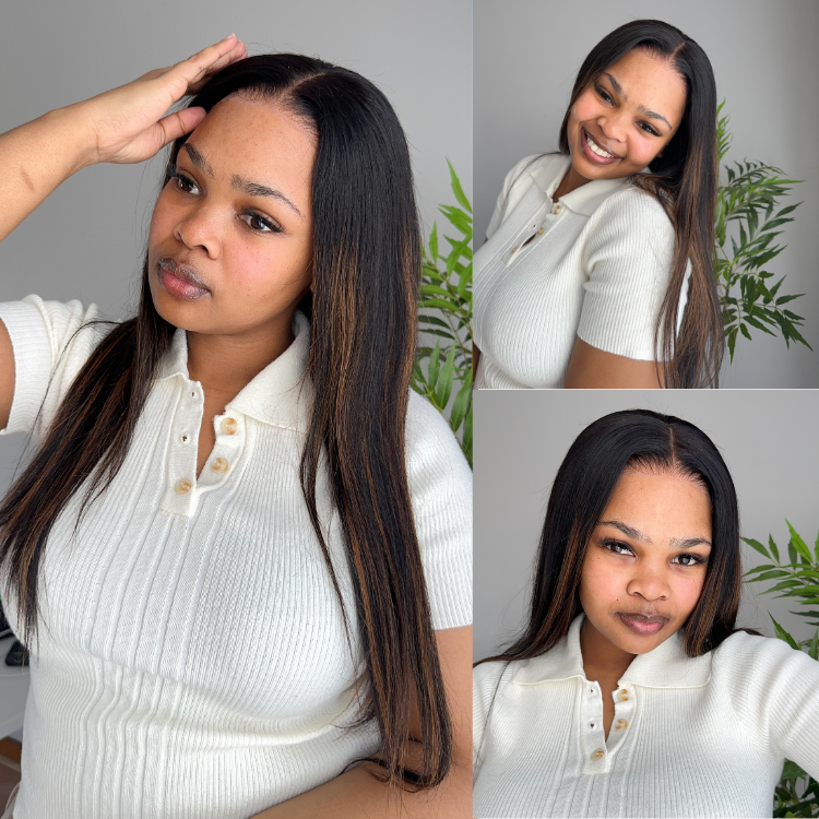[paabi_]'s Special Link PreMax Wigs | Ultra Natural Hairline Brown Highlight & Natural Black Silky Straight Regular Cap & Drawstring Cap Glueless 13x4 Frontal Lace Long Wig Pre-Cut Lace