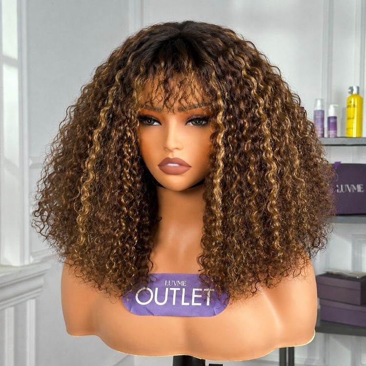 Worth | Blonde Highlight Glueless 5x5 Closure HD Lace Short Curly With Bangs Wig Pre-Cut Lace