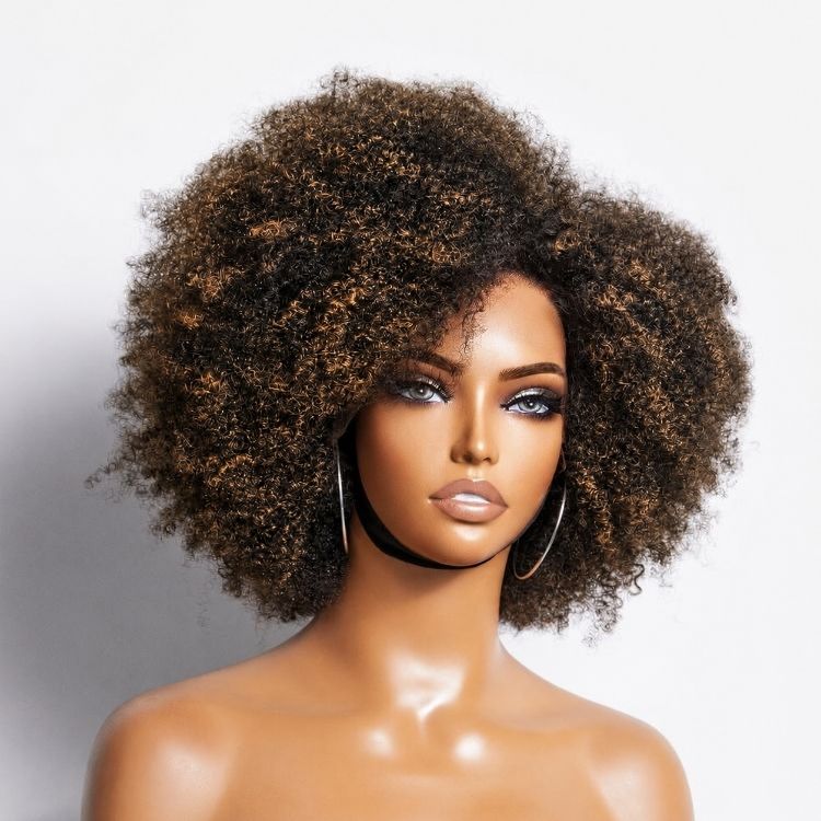 Worth | Retro & Vintage Side Part Brown Highlight Afro Curl Bouncy Glueless 5*5 Lace Wig