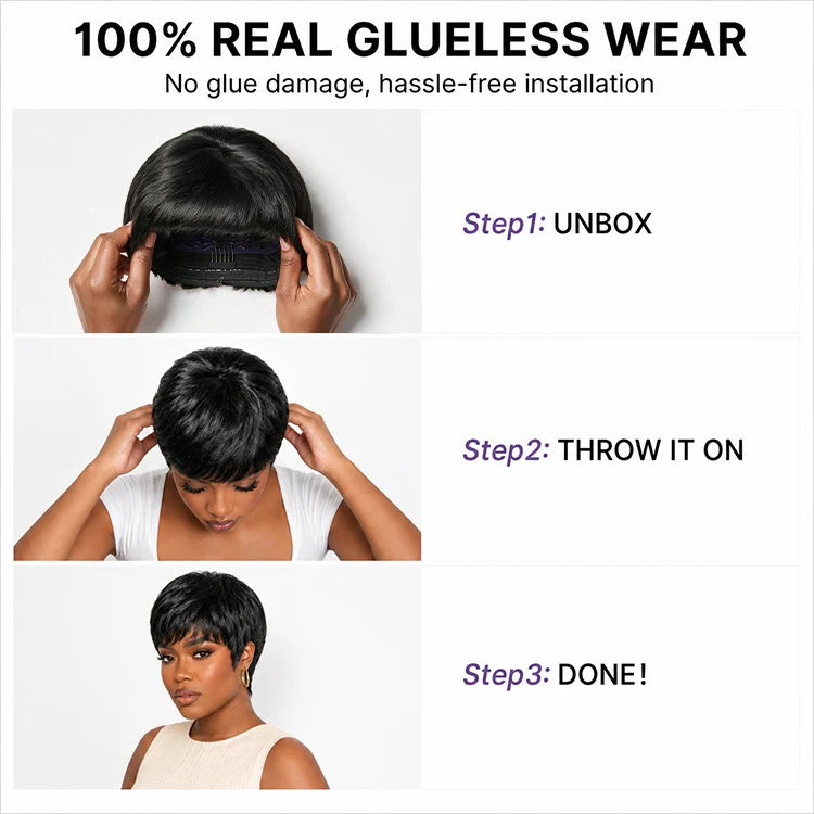 Beginner Friendly Natural Black ReadytoGo Glueless No Lace Short Pixie Cut Wig 06 inches