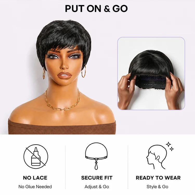 Beginner Friendly Natural Black ReadytoGo Glueless No Lace Short Pixie Cut Wig 06 inches