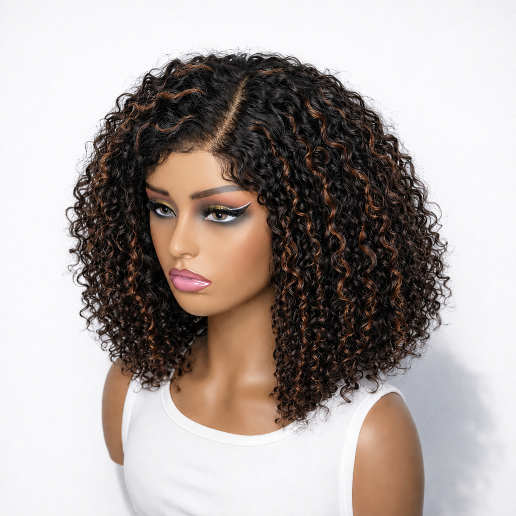 Outlet | Highlight Brown Short Cut Curly Minimalist Lace Wig
