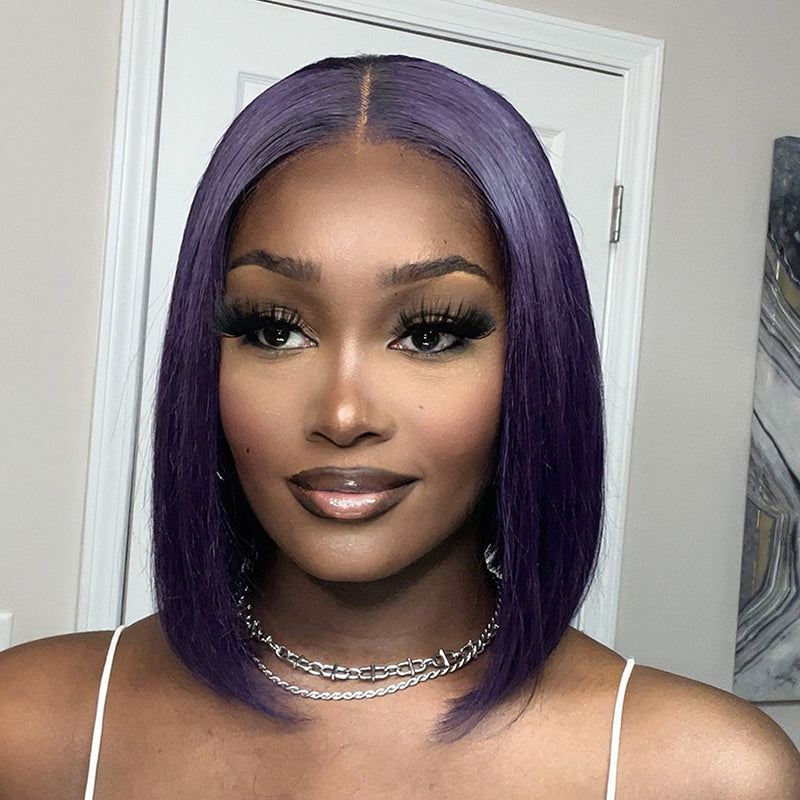 Outlet | Silk Straight Natural Black/ Purple Bob Glueless 4x4 Closure Lace Wig