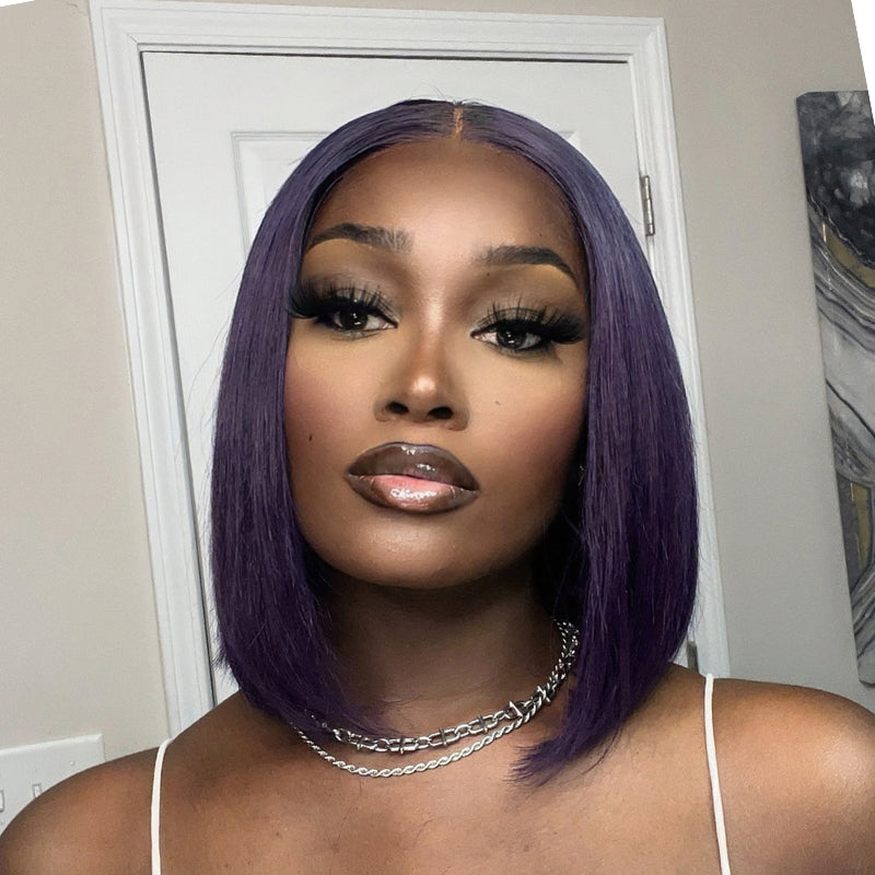 Outlet | Silk Straight Natural Black/ Purple Bob Glueless 4x4 Closure Lace Wig