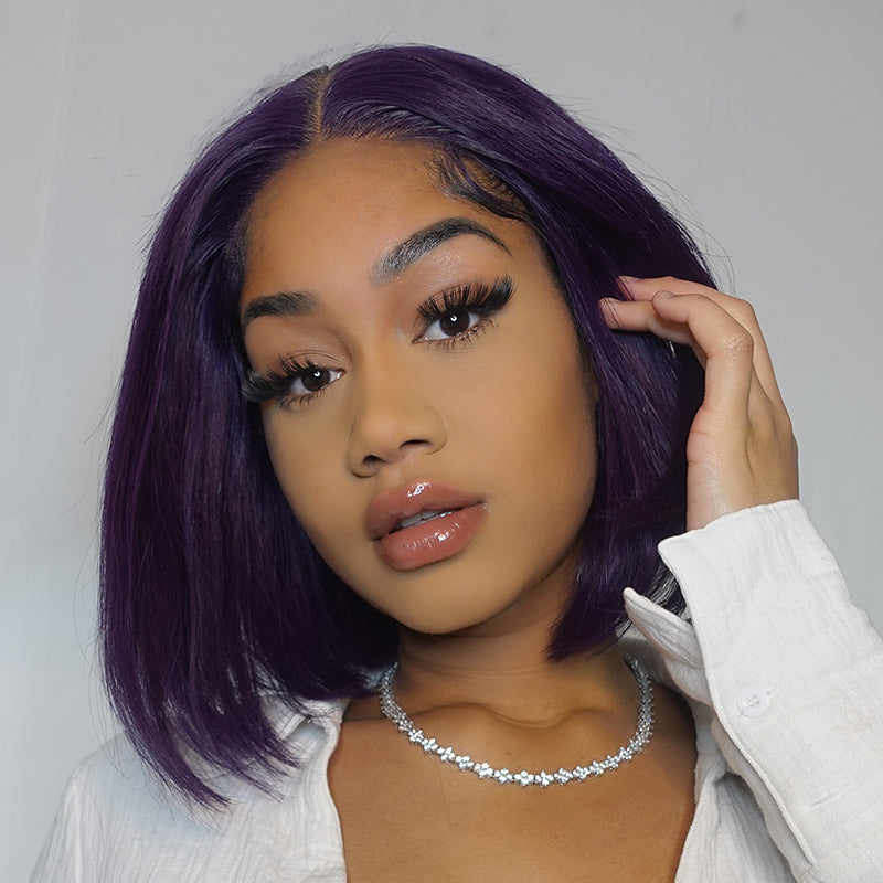 Outlet | Silk Straight Natural Black/ Purple Bob Glueless 4x4 Closure Lace Wig