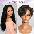 2 For 1 | Pre-do Lagos Hairline Flexi Fit Invisi Drawstring Cap 200% Density New Fummi Curly Glueless 13x4 Frontal Lace Wig+Beginner Friendly Natural Black Lightweight Roll Curl Glueless Minimalist HD Lace Short Pixie Cut Wig
