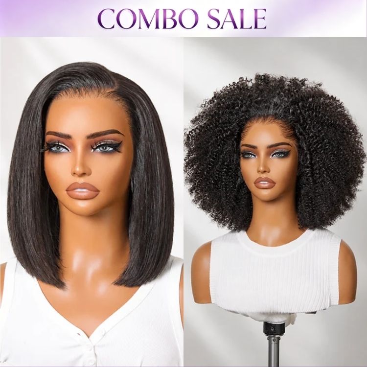 2 For 1 | NatureMAX™ Silky Blunt Cut Bob Glueless Ear-to-ear 13x4 HD Lace Front Wig + Pre-do Lagos Hairline Flexi Fit Invisi Drawstring Cap 250% Density Kinky Curly Glueless 13x4 Frontal HD Lace Wig