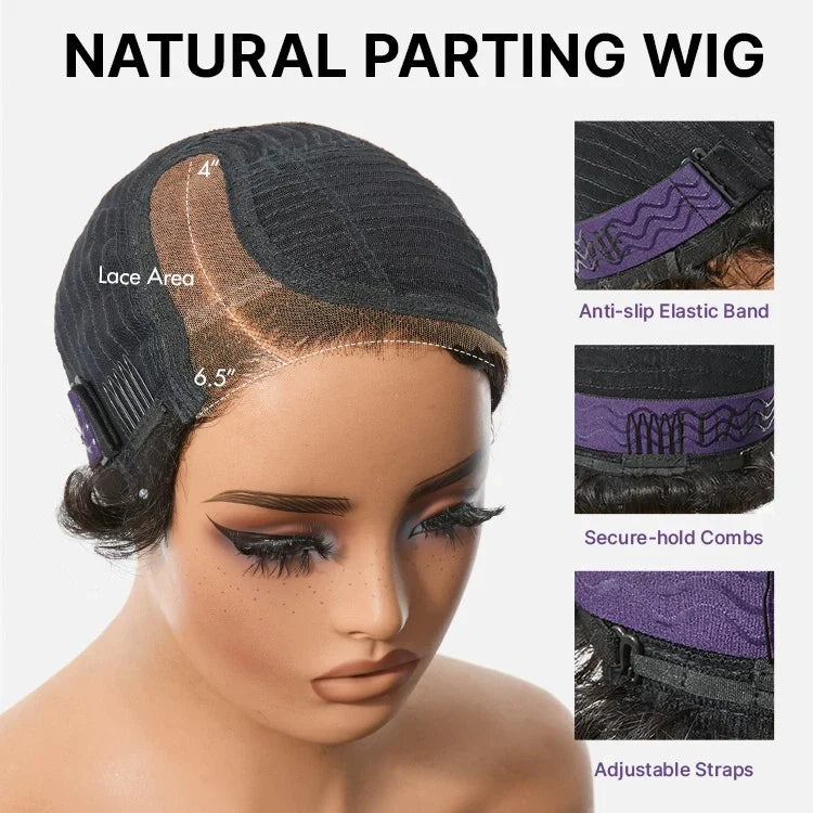 2 For 1 | Natural Black Water Wave Pixie Cut Glueless Minimalist HD Lace Short Curly Wig + Pre-do Lagos Hairline Flexi Fit Invisi Drawstring Cap Silky Straight Bob 13x4 Frontal HD Lace Wig